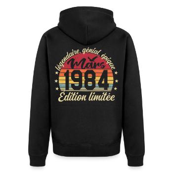März 1984 42 Jahre Geburtstagsgeschenk März 1984 - Unisex Premium Bio Zip Hoodie - Schwarz - Hinten - Nico (187cm)
