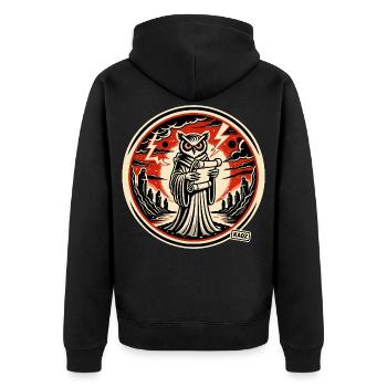 Schlaue Eule mit Brief  - Unisex Premium Bio Zip Hoodie - Schwarz - Hinten - Nico (187cm)