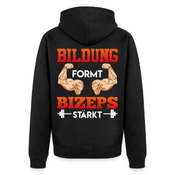 Gym BILDUNG FORMT BIZEPS STÄRKT Lustiges - Unisex Premium Bio Zip Hoodie - Schwarz - Hinten - Nico (187cm)