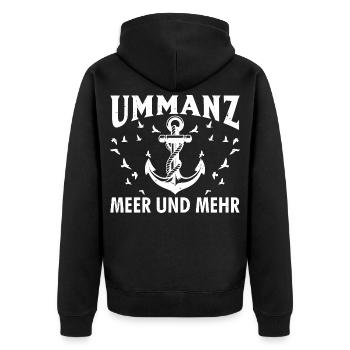 UMMANZ MEER UND MEHR Insel Ummanz Lustig - Unisex Premium Bio Zip Hoodie - Schwarz - Hinten - Nico (187cm)