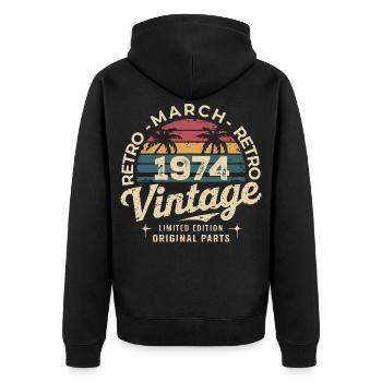 Geboren im März 1974, Ausgabe 1974, Vintage März 1974 - Unisex Premium Bio Zip Hoodie - Schwarz - Hinten - Nico (187cm)