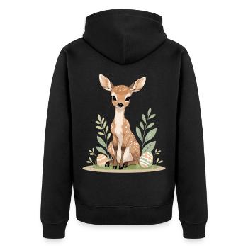 Rehkitz im Frühling mit Blättern - Unisex Premium Bio Zip Hoodie - Schwarz - Hinten - Nico (187cm)