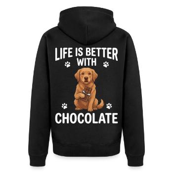 Life Is Better With Chocolate Hund Motiv - Unisex Premium Bio Zip Hoodie - Schwarz - Hinten - Nico (187cm)