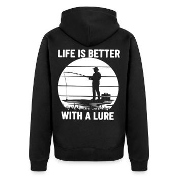 Angler Sonnenuntergang Life is Better With a Lure - Unisex Premium Bio Zip Hoodie - Schwarz - Hinten - Nico (187cm)