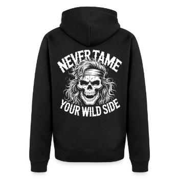 Zähme nie deine wilde Seite - Unisex Premium Bio Zip Hoodie - Schwarz - Hinten - Nico (187cm)