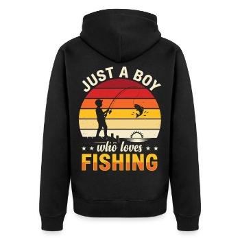 Just A Boy Loves Fishing Retro Angelmotiv - Unisex Premium Bio Zip Hoodie - Schwarz - Hinten - Nico (187cm)