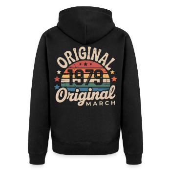 Geburtstags-März 1979 Limitierte Ausgabe Retro-März - Unisex Premium Bio Zip Hoodie - Schwarz - Hinten - Nico (187cm)