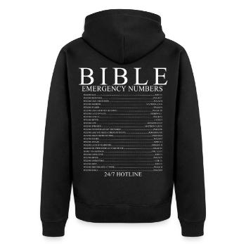 T-shirt de foi chrétienne des numéros d’urgence bibliques - Veste à capuche bio Premium Unisexe - noir - Dos - Nico (187cm)