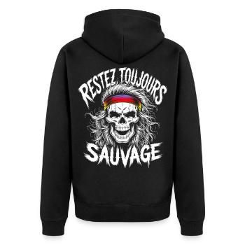Bleib wild Immer Schädel - Unisex Premium Bio Zip Hoodie - Schwarz - Hinten - Nico (187cm)