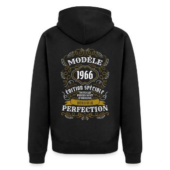 Modell 1966 Sonderedition gealtert mit Perfecti - Unisex Premium Bio Zip Hoodie - Schwarz - Hinten - Nico (187cm)