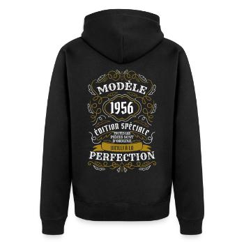 MODELE4Model 1956 Sonderedition bis zum P gealtert - Unisex Premium Bio Zip Hoodie - Schwarz - Hinten - Nico (187cm)