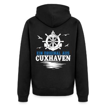 Cuxhavener EIN ORIGINAL AUS CUXHAVEN Lustig - Unisex Premium Bio Zip Hoodie - Schwarz - Hinten - Nico (187cm)
