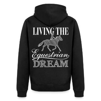 Living the equestrian dream | Traber mit Frau - Unisex Premium Bio Zip Hoodie - Schwarz - Hinten - Nico (187cm)