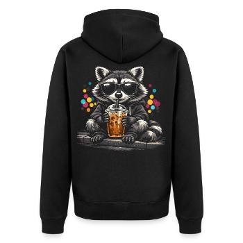 Waschbär Trinkt Eiskaffee Süß Niedlich - Unisex Premium Bio Zip Hoodie - Schwarz - Hinten - Nico (187cm)