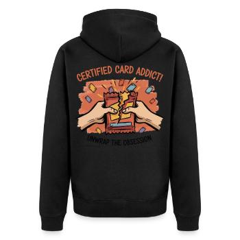 Zertifizierter Kartensüchtiger Enthülle The Obsession Trading - Unisex Premium Bio Zip Hoodie - Schwarz - Hinten - Nico (187cm)