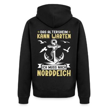 Opa ALTERSHEIM KANN WARTEN MUSS NACH NORDDEICH - Unisex Premium Bio Zip Hoodie - Schwarz - Hinten - Nico (187cm)