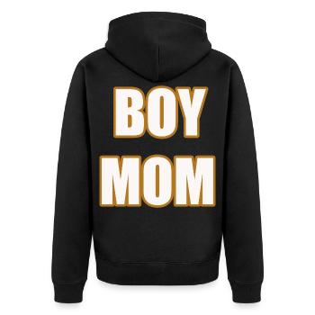 Boy Mom Proud Mother of Sons Statement Shirt - Unisex Premium Bio Zip Hoodie - Schwarz - Hinten - Nico (187cm)