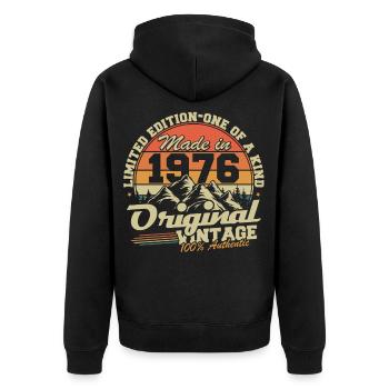 Original 1976 Vintage jahrgang GeburtstagGeschenk - Unisex Premium Bio Zip Hoodie - Schwarz - Hinten - Nico (187cm)