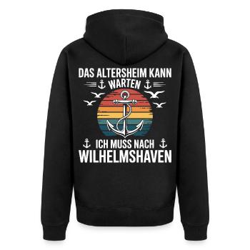 Wilhelmshaven Sprüche Wilhelmshavener Spruch - Unisex Premium Bio Zip Hoodie - Schwarz - Hinten - Nico (187cm)