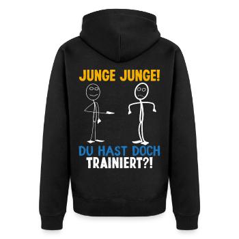 Fitness JUNGE JUNGE DU HASTDOCH TRAINIERT LUSTIG - Unisex Premium Bio Zip Hoodie - Schwarz - Hinten - Nico (187cm)