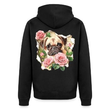 Mops mit Rosen - Unisex Premium Bio Zip Hoodie - Schwarz - Hinten - Nico (187cm)
