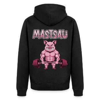 Gewichtheber MASTSAU Muskelaufbau Lustiges - Unisex Premium Bio Zip Hoodie - Schwarz - Hinten - Nico (187cm)