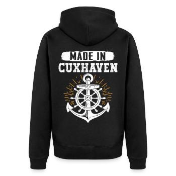 Cuxhavener MADE IN CUXHAVEN Lustiges - Unisex Premium Bio Zip Hoodie - Schwarz - Hinten - Nico (187cm)