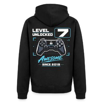 Level 7 Unlocked Gaming Geschenk Jungen - Unisex Premium Bio Zip Hoodie - Schwarz - Hinten - Nico (187cm)