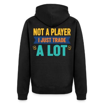 Ich bin kein Spieler, ich tausche einfach viel Sammelkarte - Unisex Premium Bio Zip Hoodie - Schwarz - Hinten - Nico (187cm)