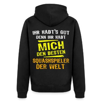 Squashspieler Geschenk - Unisex Premium Bio Zip Hoodie - Schwarz - Hinten - Nico (187cm)
