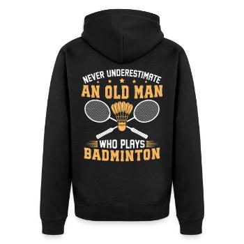 Unterschätze niemals einen alten Mann, der Badminton spielt. - Unisex Premium Bio Zip Hoodie - Schwarz - Hinten - Nico (187cm)