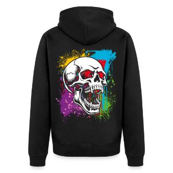 Totenkopf auf bunten Flecken - Unisex Premium Bio Zip Hoodie - Schwarz - Hinten - Nico (187cm)