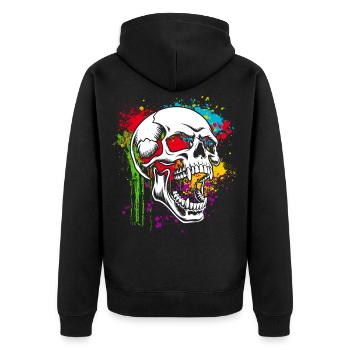 Totenkopf Skull auf bunten Flecken - Unisex Premium Bio Zip Hoodie - Schwarz - Hinten - Nico (187cm)