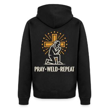 Pray Weld Repeat Welder Cross - Unisex Premium Organic Zip Hoodie - black - Back - Nico (187cm)