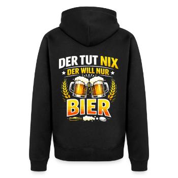 Der tut nix der will nur Bier Spruch - Unisex Premium Bio Zip Hoodie - Schwarz - Hinten - Nico (187cm)