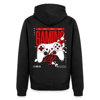 Next Level Gaming Life Controller T-Shirt - Unisex Premium Bio Zip Hoodie - Schwarz - Hinten - Nico (187cm)
