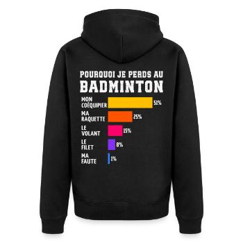 Pourquoi Je Perds Au Badminton  - Veste à capuche bio Premium Unisexe - noir - Dos - Nico (187cm)