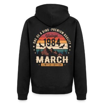 März 1984 42. Jubiläumsgeschenk März 1984 - Unisex Premium Bio Zip Hoodie - Schwarz - Hinten - Nico (187cm)
