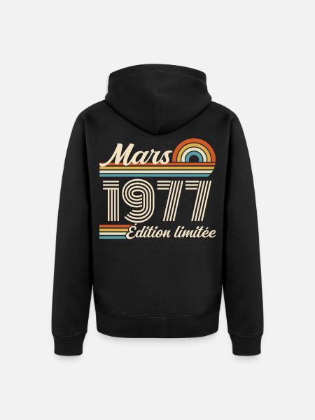49e Cadeau d’anniversaire - Né en mars 1977 - Premium økologisk unisex-hættejakke - sort