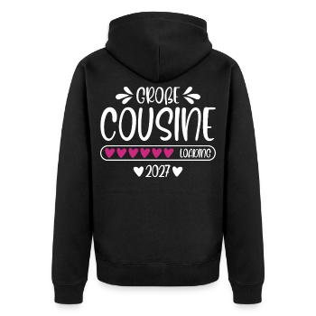 Große Cousine 2027 loading Herzchen Ladebalken - Unisex Premium Bio Zip Hoodie - Schwarz - Hinten - Nico (187cm)