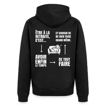 Die Kunst des Nichtstuns (weißer Text) - Unisex Premium Bio Zip Hoodie - Schwarz - Hinten - Nico (187cm)
