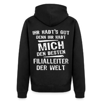 branch manager - Unisex Premium Organic Zip Hoodie - black - Back - Nico (187cm)