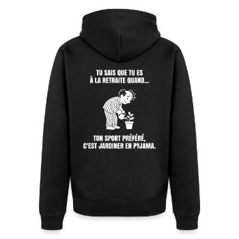 Mein Rückzugsort im Garten (weißer Text) - Unisex Premium Bio Zip Hoodie - Schwarz - Hinten - Nico (187cm)