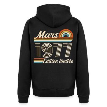 49th Birthday Gift - Born in March 1977 - Unisex Premium Organic Zip Hoodie - black - Back - Nico (187cm)