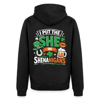 I put the She in Shenanigans | St. Patrick's Day - Unisex Premium Bio Zip Hoodie - Schwarz - Hinten - Nico (187cm)