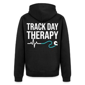 Track Day Therapy Motorsport Motif - Unisex Premium Organic Zip Hoodie - black - Back - Nico (187cm)