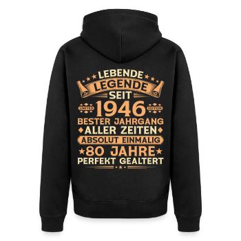 80e anniversaire cadeau de la légende vintage 1946 - Veste à capuche bio Premium Unisexe - noir - Dos - Nico (187cm)