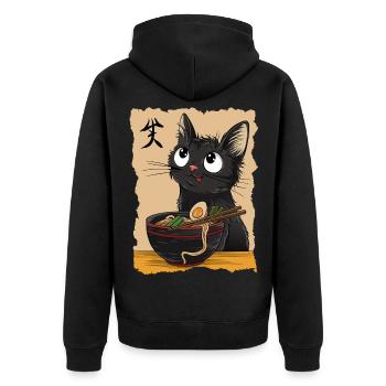 Funny black Cat eating Ramen Noodles Japan Food - Unisex Premium Organic Zip Hoodie - black - Back - Nico (187cm)