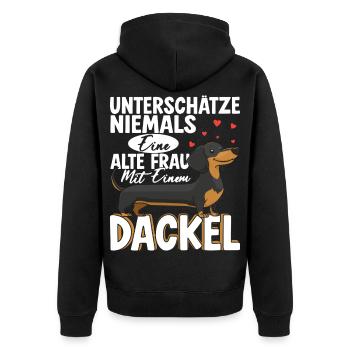 Unterschätze Niemals Eine Alte Frau Mit Dackel - Unisex Premium Bio Zip Hoodie - Schwarz - Hinten - Nico (187cm)