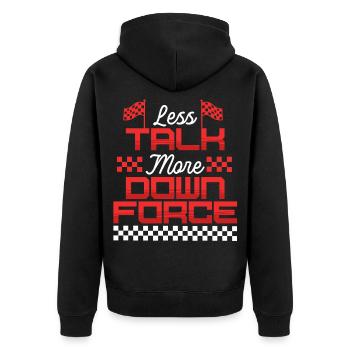 Course automobile Sport Moins de paroles Plus d’appui - Veste à capuche bio Premium Unisexe - noir - Dos - Nico (187cm)